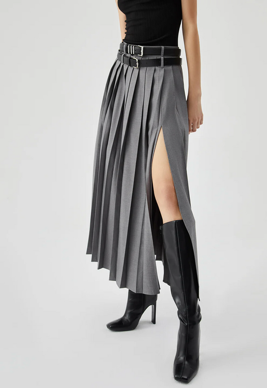 Grey Pleated Split Skirt With Two Detachable Belts