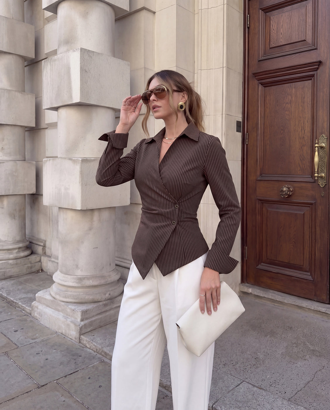 Sculpted Wrap Pinstripe Shirt - Brown