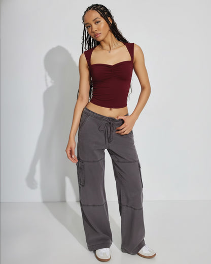 Burgundy Sweetheart Neck Ribbed Top