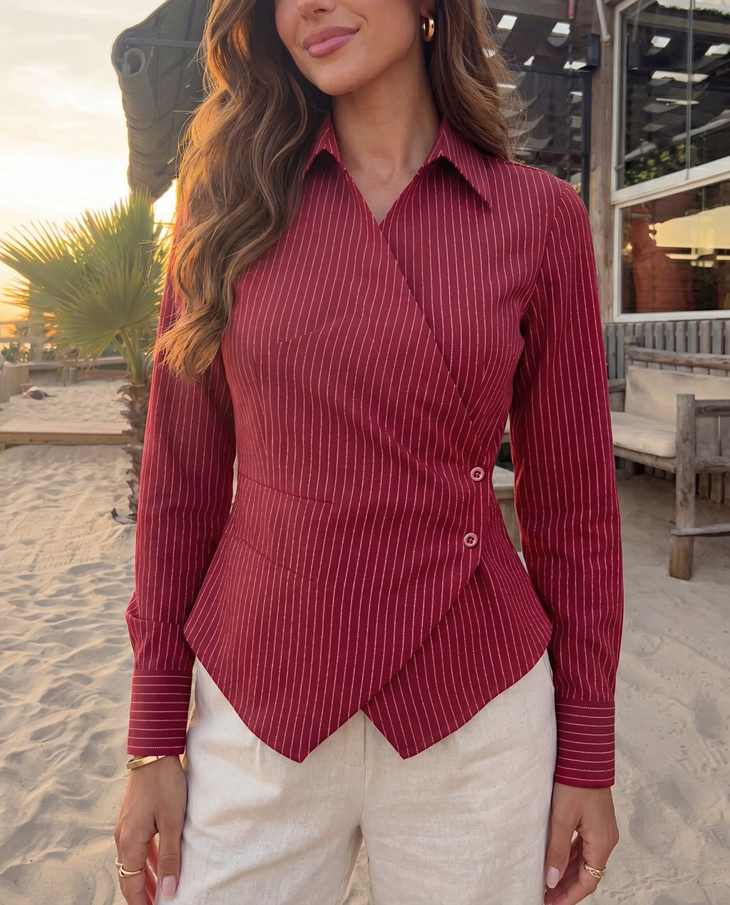Sculpted Wrap Pinstripe Shirt - Cherry Red