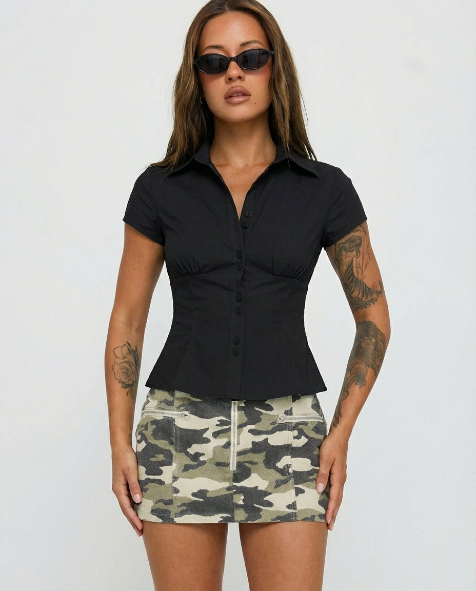 Black Waist Fitted Cotton Shirt