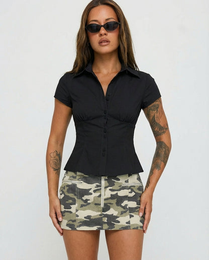 Black Waist Fitted Cotton Shirt