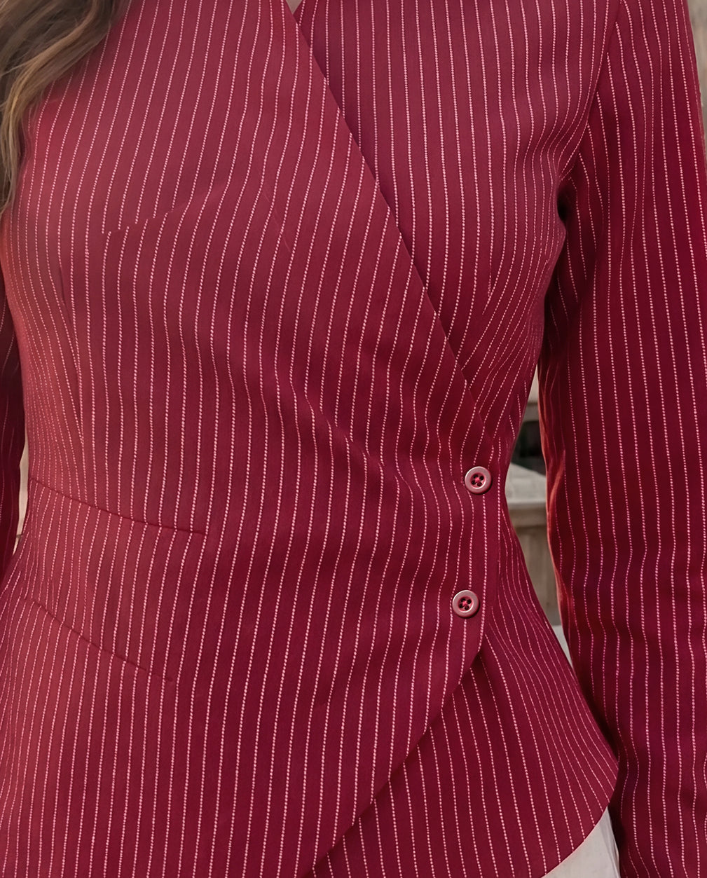 Sculpted Wrap Pinstripe Shirt - Cherry Red