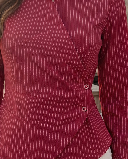 Sculpted Wrap Pinstripe Shirt - Cherry Red