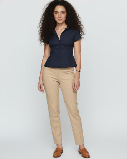 Navy Blue Waist Fitted Cotton Shirt