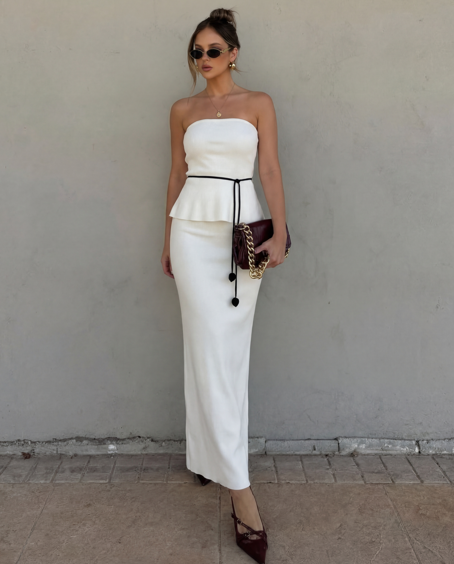 White Slit Top And Skirt Set With A Waist Tie