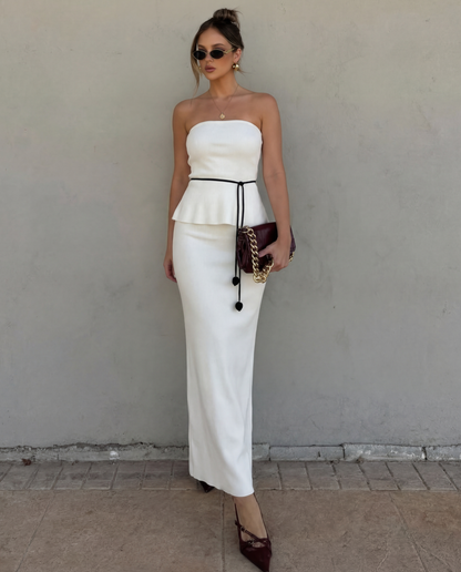 White Slit Top And Skirt Set With A Waist Tie