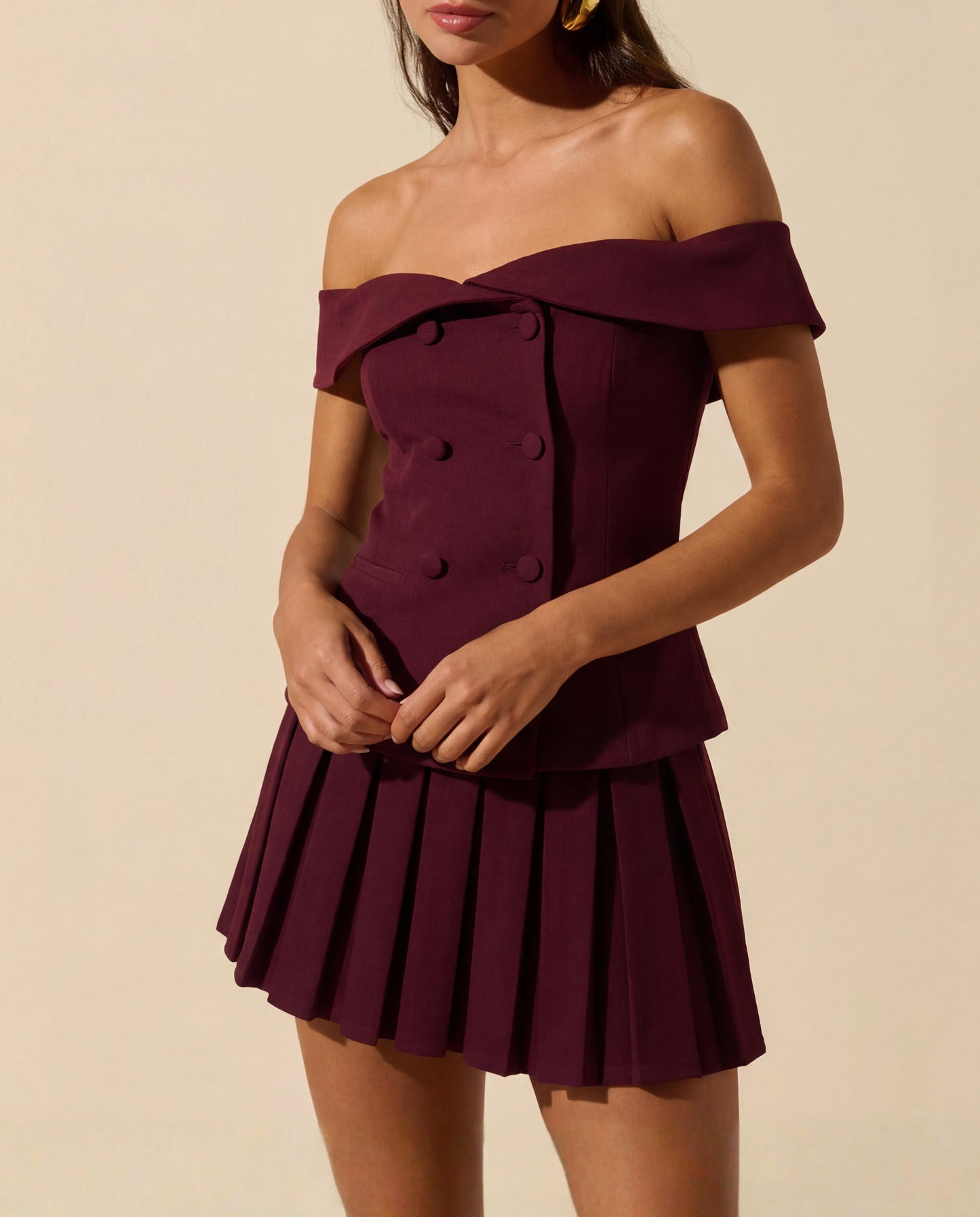 Off Shoulder Top And Pleated Skirt Set