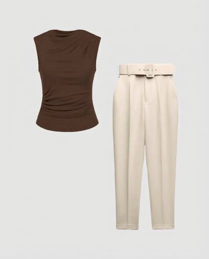 Brown Cowl Neck Ribbed Top And Beige Belted Tapered Pants Set