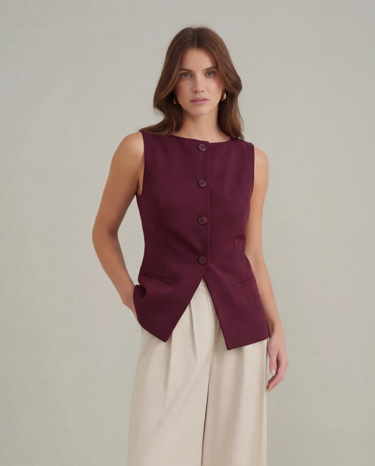 Boat Neck Slit Waist Coat - Burgundy