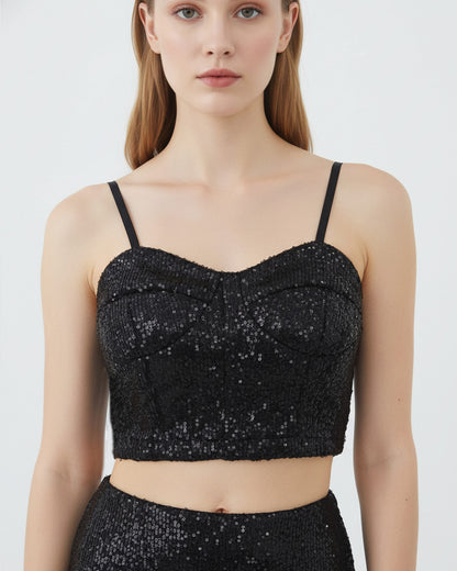Black Sequin Bustier Crop Top