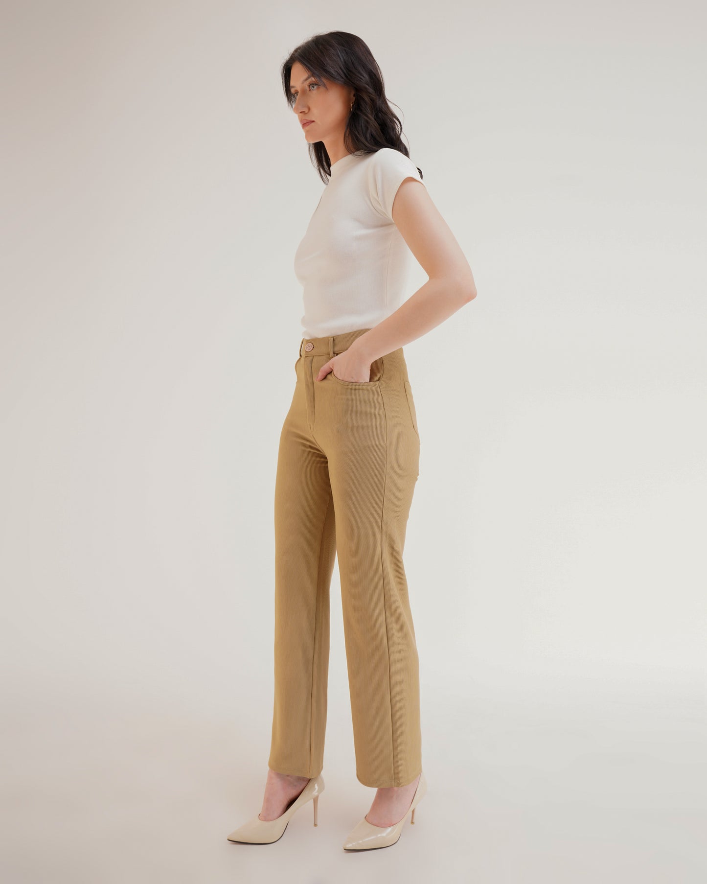 RIBBED TROUSERS,beige, bottomwear, formal, full length, high waist, ribbed, straight fit, trousers,ribbed-trousers-beige,Length - Full Length (41 Inches) Waist - High Waist Fit- Straight Fit Color - Beige No. of Pockets - 4 Closure - Zip &amp; Buttons