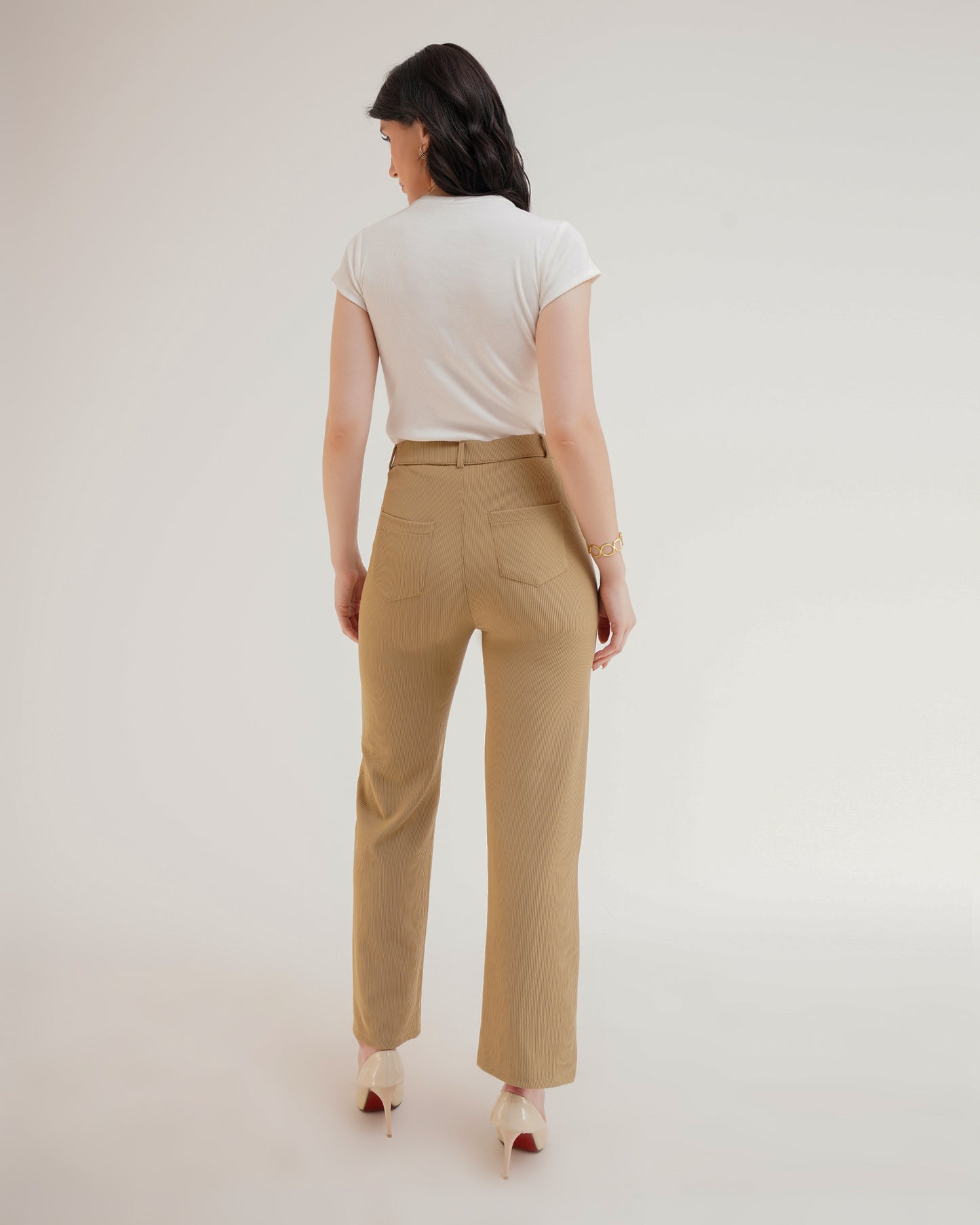 RIBBED TROUSERS,beige, bottomwear, formal, full length, high waist, ribbed, straight fit, trousers,ribbed-trousers-beige,Length - Full Length (41 Inches) Waist - High Waist Fit- Straight Fit Color - Beige No. of Pockets - 4 Closure - Zip &amp; Buttons