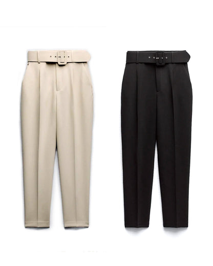 Beige, belt, black, bottomwear, bundle, full length, high rise, pants, polyester, semi-formal, spandex, straight fit, tapered, workwear, woven,set-of-two-belted-stretchable-pants,SET OF TWO BELTED STRETCHABLE PANTS