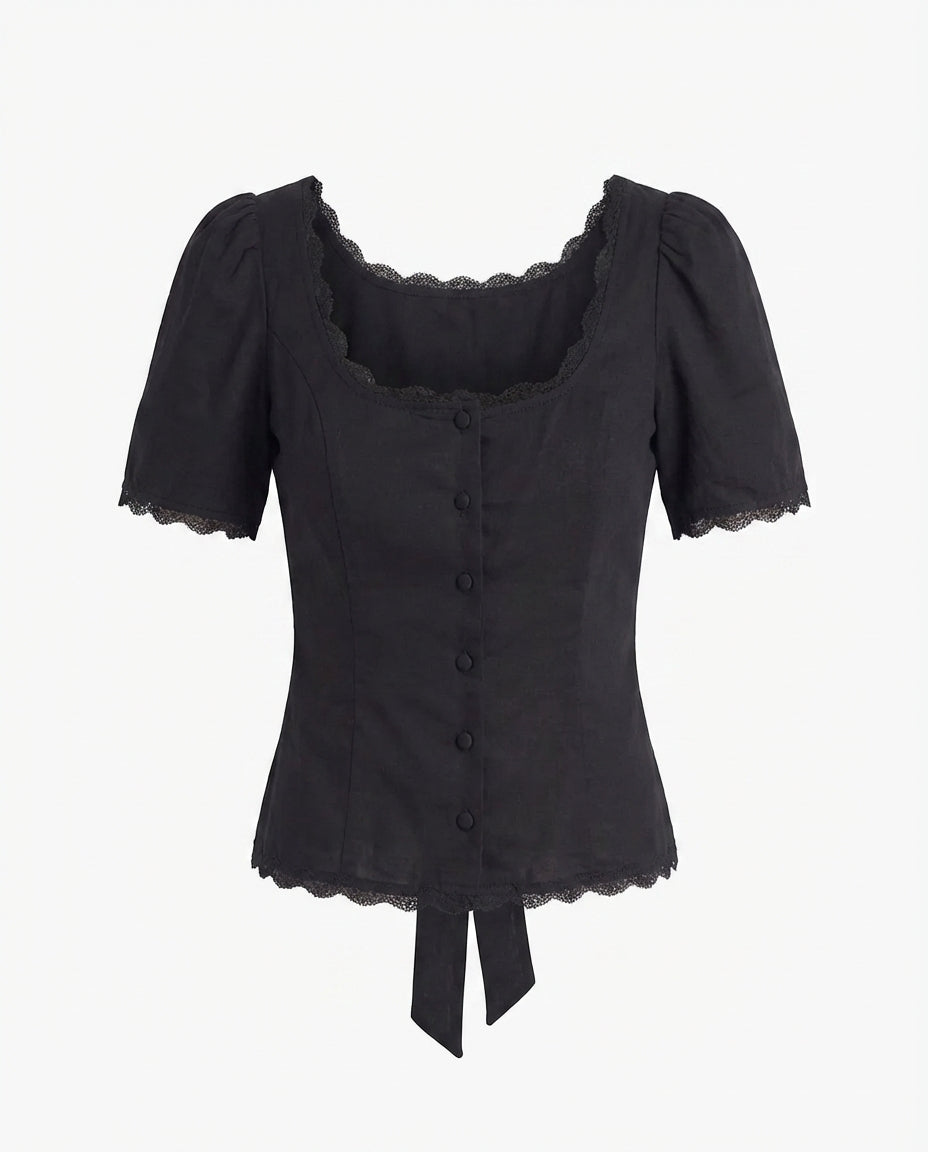 topwear,tops,casual, vacation, outdoor events,minimal, summer,woven,cotton,black,solid,lace,slim fit,fitted,waist length,scalloped hem,square neck,puff sleeves,short sleeves,OY1908, 25060008GG