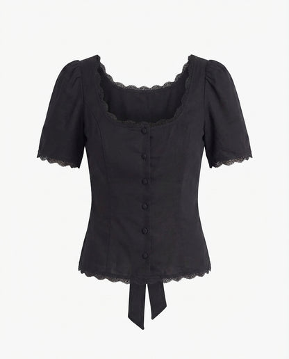 topwear,tops,casual, vacation, outdoor events,minimal, summer,woven,cotton,black,solid,lace,slim fit,fitted,waist length,scalloped hem,square neck,puff sleeves,short sleeves,OY1908, 25060008GG