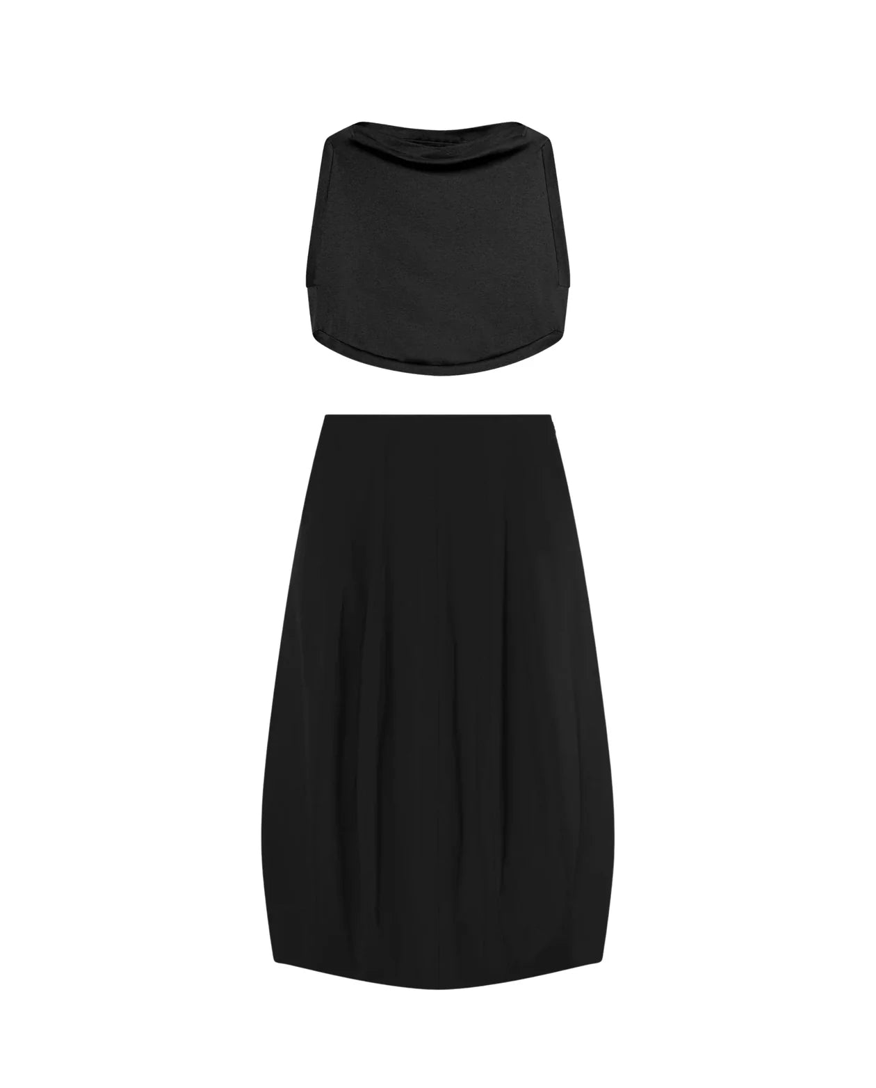 coord sets,bottomwear, topwear,casual chic, vacation, outdoor events, summer,genz fit,woven,cotton,panels,black,solid,panelling,,,relaxed fit top,tank top,crop length top,curve hem top,boat neck,no straps ,no sleeves,sleeveless,slip on,skirts,bubble skirt,full length,bubble hem,mid rise waist,side pockets, OY3059, 25070028GG