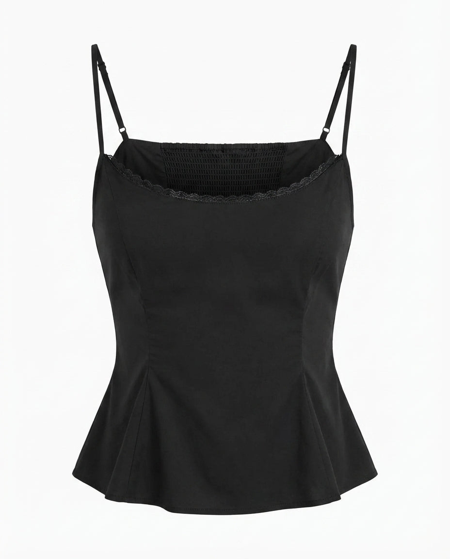 topwear,tops,casual, outdoor events,minimal, soft girl, summer,woven,cotton,black,solid,lace,slim fit,fit and flare,waist length,straight hem,square neck,spaghetti strap,sleeveless, OY1922, 25060027GG