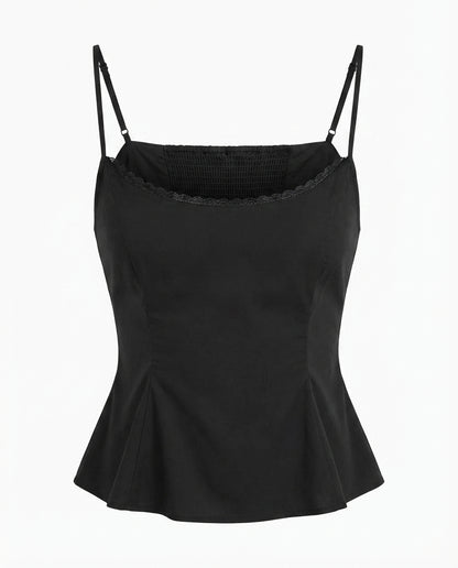 topwear,tops,casual, outdoor events,minimal, soft girl, summer,woven,cotton,black,solid,lace,slim fit,fit and flare,waist length,straight hem,square neck,spaghetti strap,sleeveless, OY1922, 25060027GG