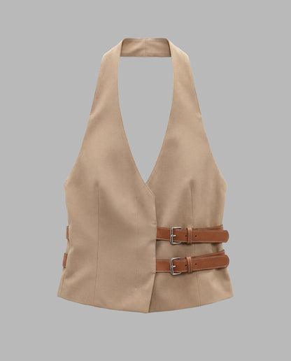 Beige Belted Halter Vest Top