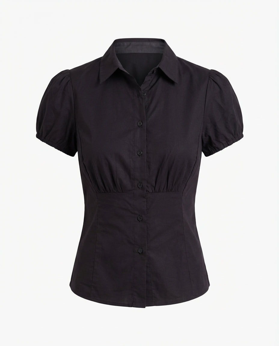 Black Puff Sleeve Fitted Cotton Shirt