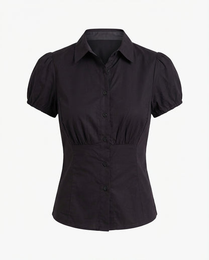 Black Puff Sleeve Fitted Cotton Shirt