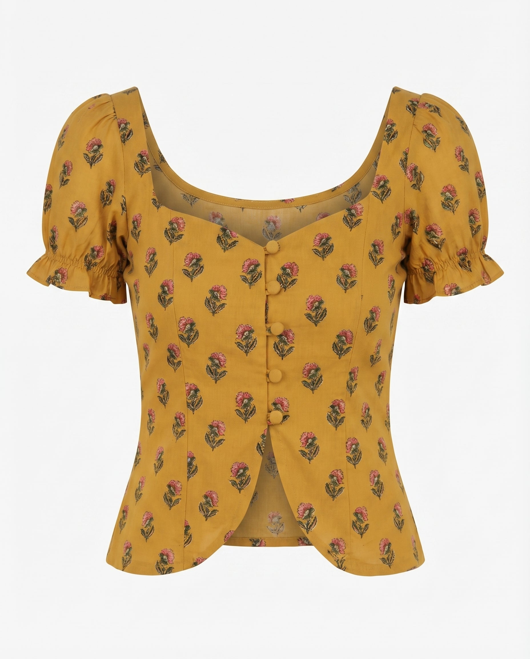 topwear,tops,ethnic, indo-western,ethnic wear, festive wear, indian wear, summer, casual,woven,poly cambric,printed,mustard yellow,floral print,slit in front,button ,skinny fit,slim fit top,waist length,curved hem,diamond neck,no straps,puff sleeves,short sleeves	OY2099, 25070053GG