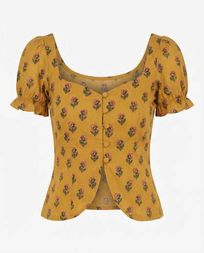 topwear,tops,ethnic, indo-western,ethnic wear, festive wear, indian wear, summer, casual,woven,poly cambric,printed,mustard yellow,floral print,slit in front,button ,skinny fit,slim fit top,waist length,curved hem,diamond neck,no straps,puff sleeves,short sleeves	OY2099, 25070053GG