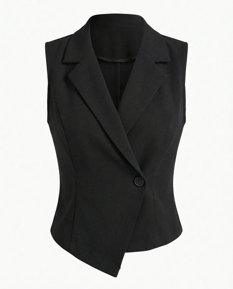notch-collar-waist-coat-black,topwear,waist coat,semi-formal,creative workwear,woven,lycra, polyester,black,solid,tailored fit,regular,lapel collar,sleeveless,Color: Black
Fabric: Polyester, Lycra
Fit: Skinny Fit 
Length: Regular
Neck: Lapel Collar
Closure: Button
Print: Solid,NOTCH COLLAR WAIST COAT