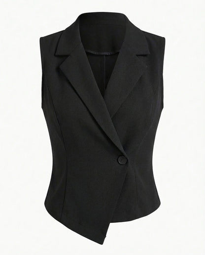 notch-collar-waist-coat-black,topwear,waist coat,semi-formal,creative workwear,woven,lycra, polyester,black,solid,tailored fit,regular,lapel collar,sleeveless,Color: Black
Fabric: Polyester, Lycra
Fit: Skinny Fit 
Length: Regular
Neck: Lapel Collar
Closure: Button
Print: Solid,NOTCH COLLAR WAIST COAT