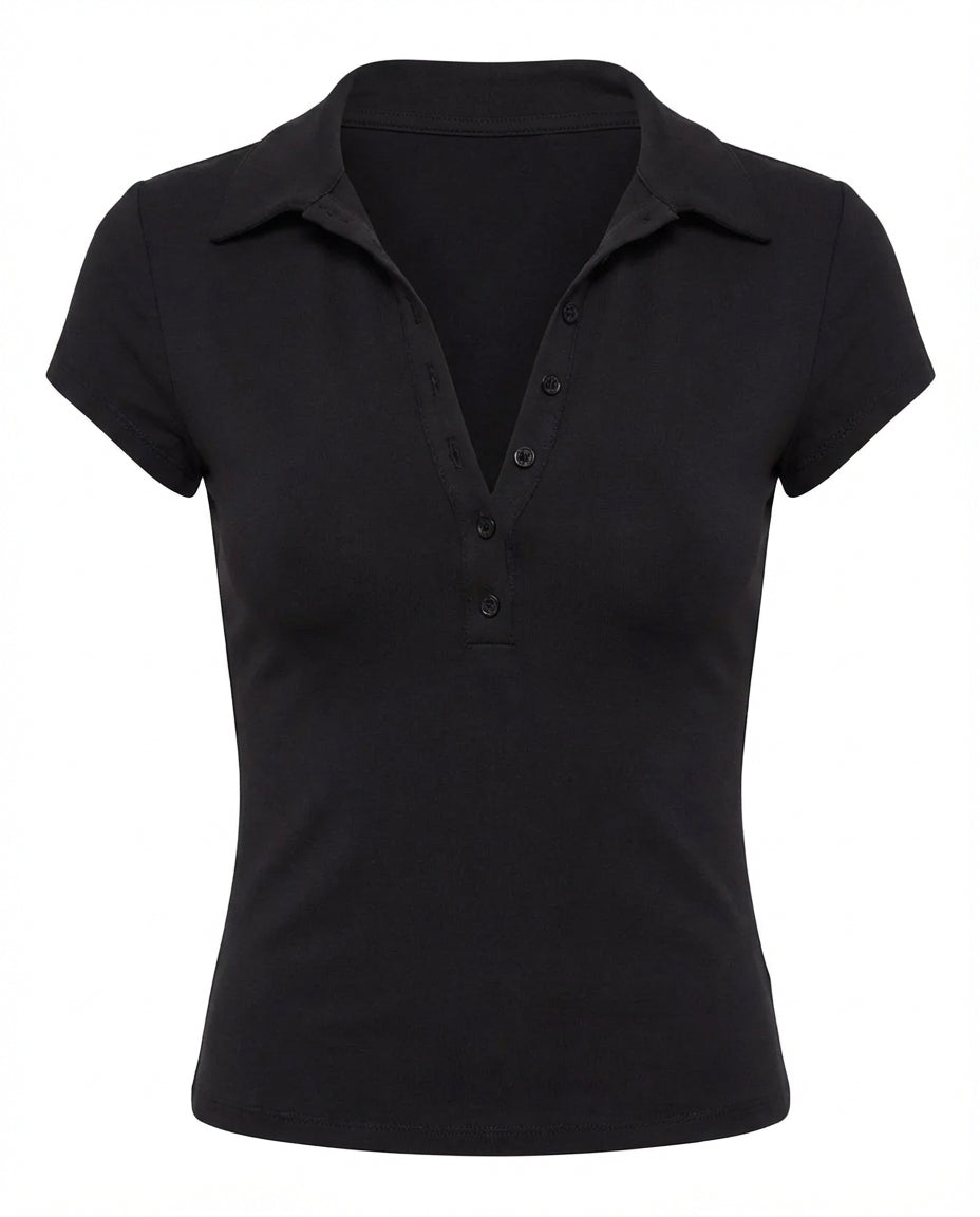 topwear,tops,casual, casual chic,gen z,, summer, streetwear,knitted, stretchable, woven,polyester, spandex,black,solid,,button, ,slim fit,crop top,crop, straight hem,spread collar,no straps,cap sleeves,short sleeves	OY3103, 25100008GG