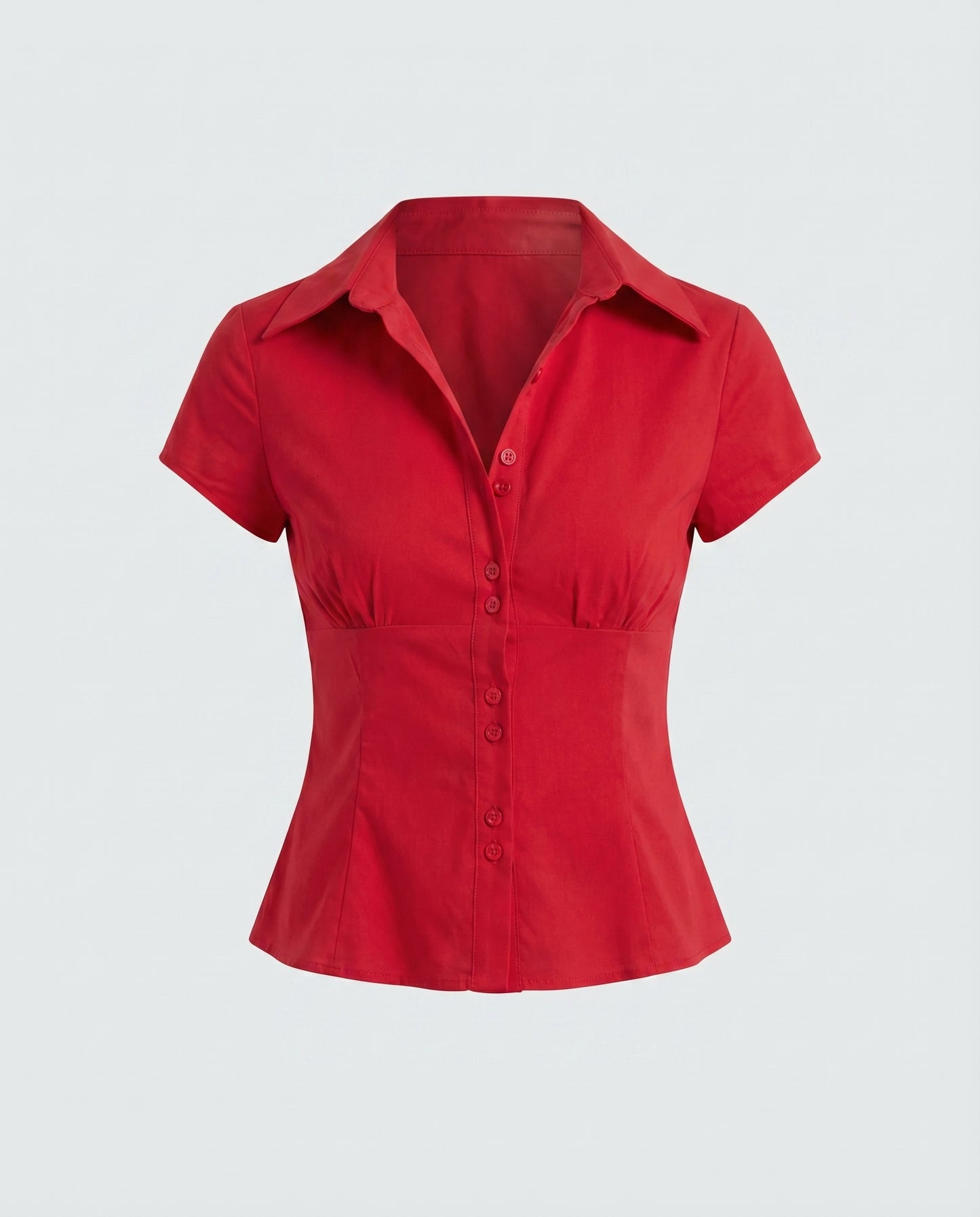 topwear,tops, shirts,casual, casual chic, semi-formal,creative workwear, gen z, millenial, minimal, summer,woven,poplin stretch,red,solid,panelling,button,slim fit,shirt,waist length,flared hem,shirt collar,no straps,set in sleeves,short sleeves, OY2128, 25090025GG