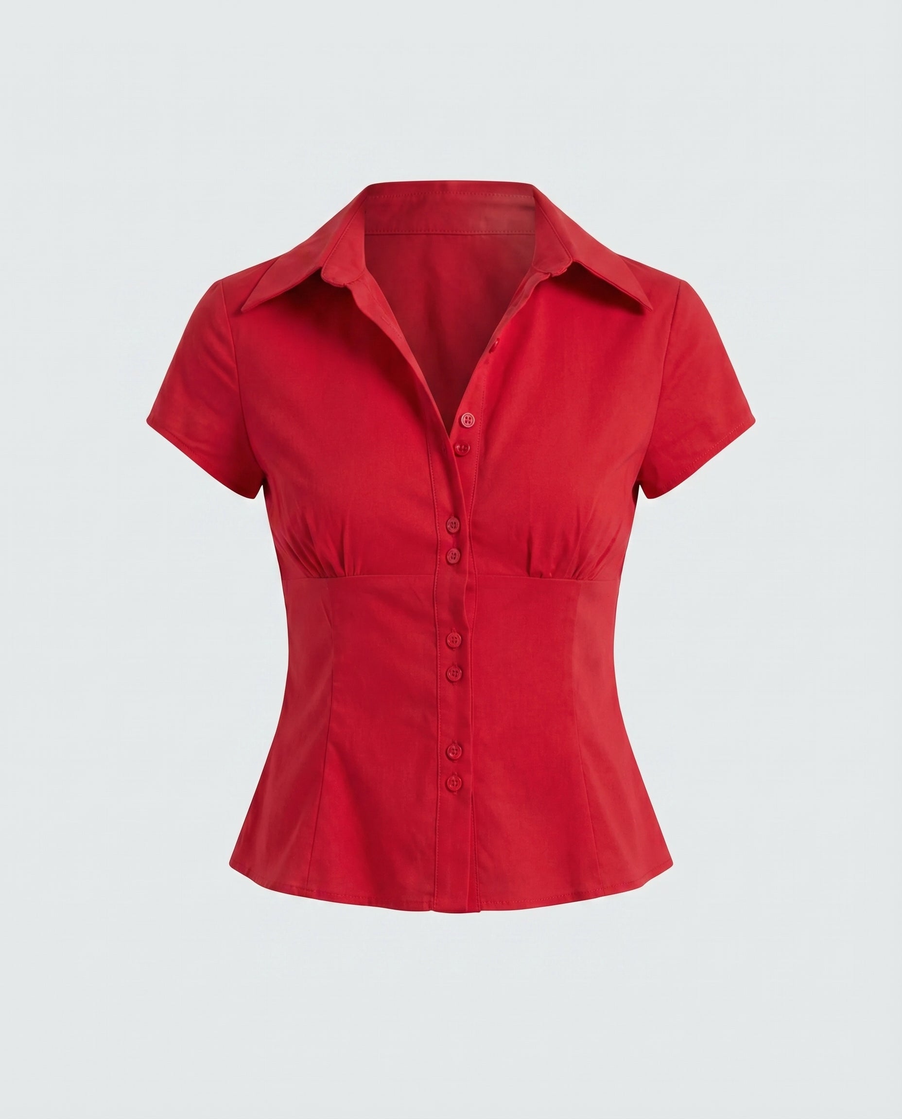 topwear,tops, shirts,casual, casual chic, semi-formal,creative workwear, gen z, millenial, minimal, summer,woven,poplin stretch,red,solid,panelling,button,slim fit,shirt,waist length,flared hem,shirt collar,no straps,set in sleeves,short sleeves, OY2128, 25090025GG