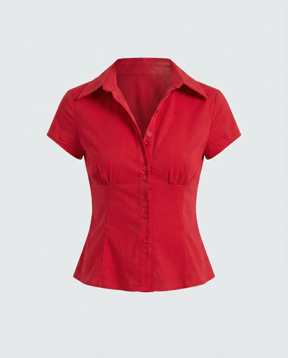 topwear,tops, shirts,casual, casual chic, semi-formal,creative workwear, gen z, millenial, minimal, summer,woven,poplin stretch,red,solid,panelling,button,slim fit,shirt,waist length,flared hem,shirt collar,no straps,set in sleeves,short sleeves, OY2128, 25090025GG