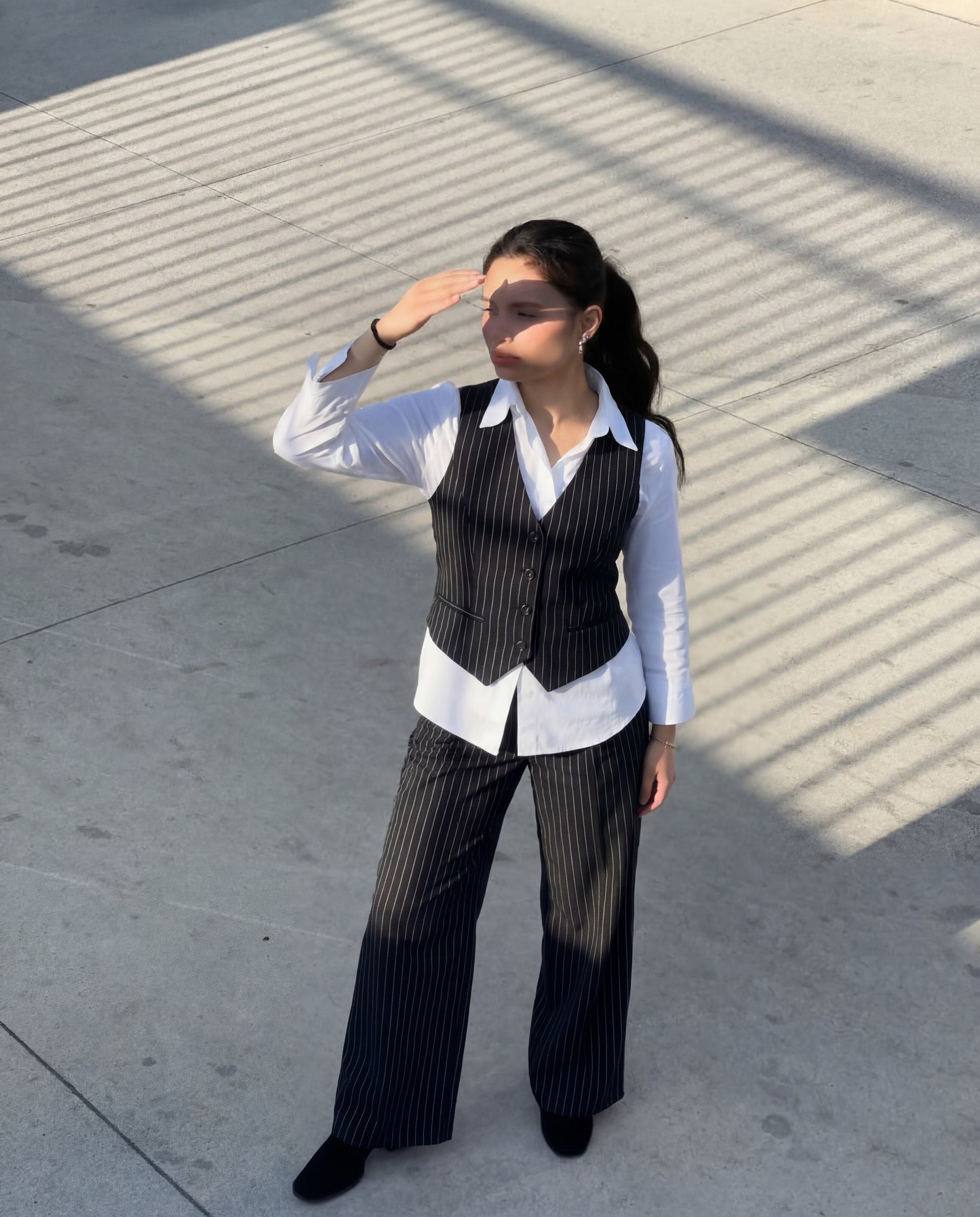 Pinstripe Vest and Wide-Leg Trousers Suit Set