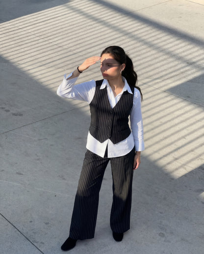 Pinstripe Vest and Wide-Leg Trousers Suit Set