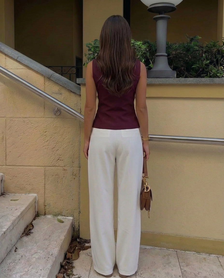 Burgundy Waist Coat and White Pleated Pants with Belt