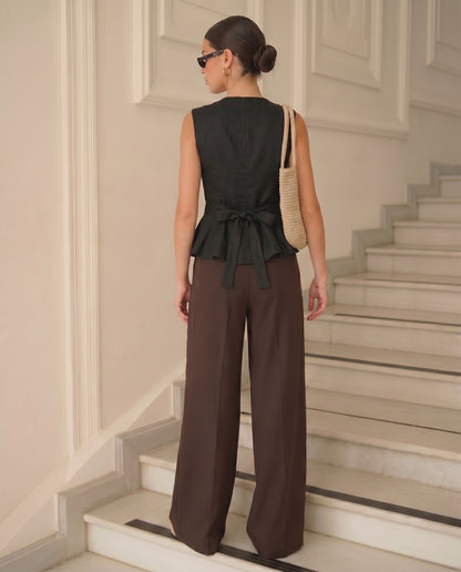 Black Buttoned Peplum Top and Dark Brown Pleated Pants With Belt