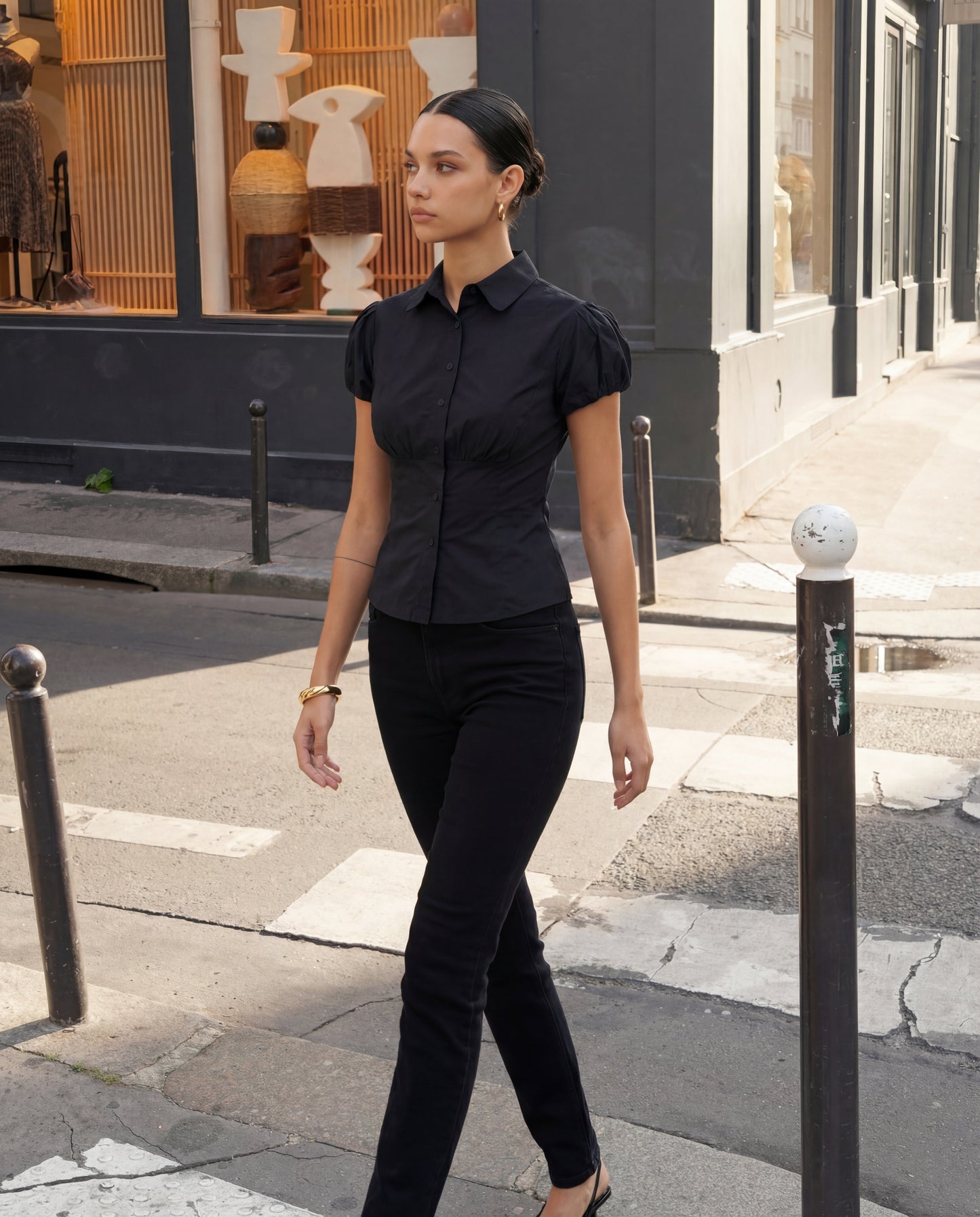 topwear,tops,casual, semi-formal,minimal, summer, timeless,woven,cotton,black,solid,ruched,button,slim fit,waist length,curved hem,collared,puff sleeves,OY1905	,25060005GG