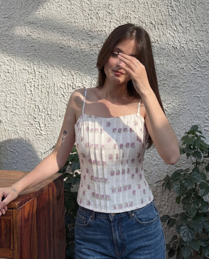 topwear,tops,ethnic, indo-western,ethnic wear, festive wear, indian wear, summer, casual,woven,poly cambric,printed,white,floral print,panelling,zipper,skinny fit,slim fit top,waist length,straight hem,sweetheart neck,shoulder strap,no sleeves,sleeveless	OY3009, 25070049GG