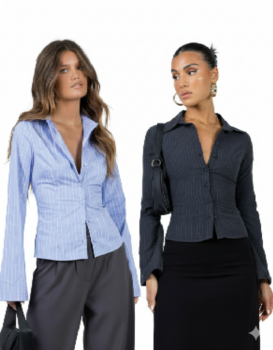 Set Of Two Pinstripes Flared Sleeves Shirt
