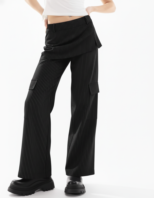 Black Striped Trousers With Skirt Detail