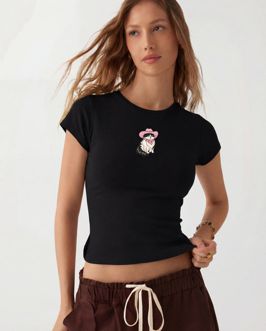 Cowboy Cat Graphic Baby Tee - Black