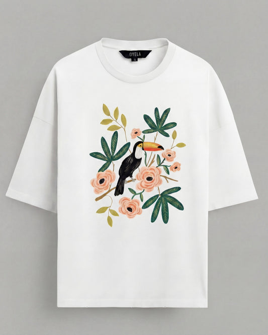 Tropical Toucan Floral Art Women Oversized Tee - White