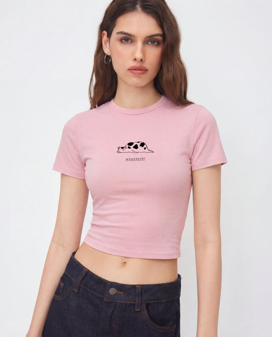 Moody Cow Graphic Baby Tee - Blush Pink  