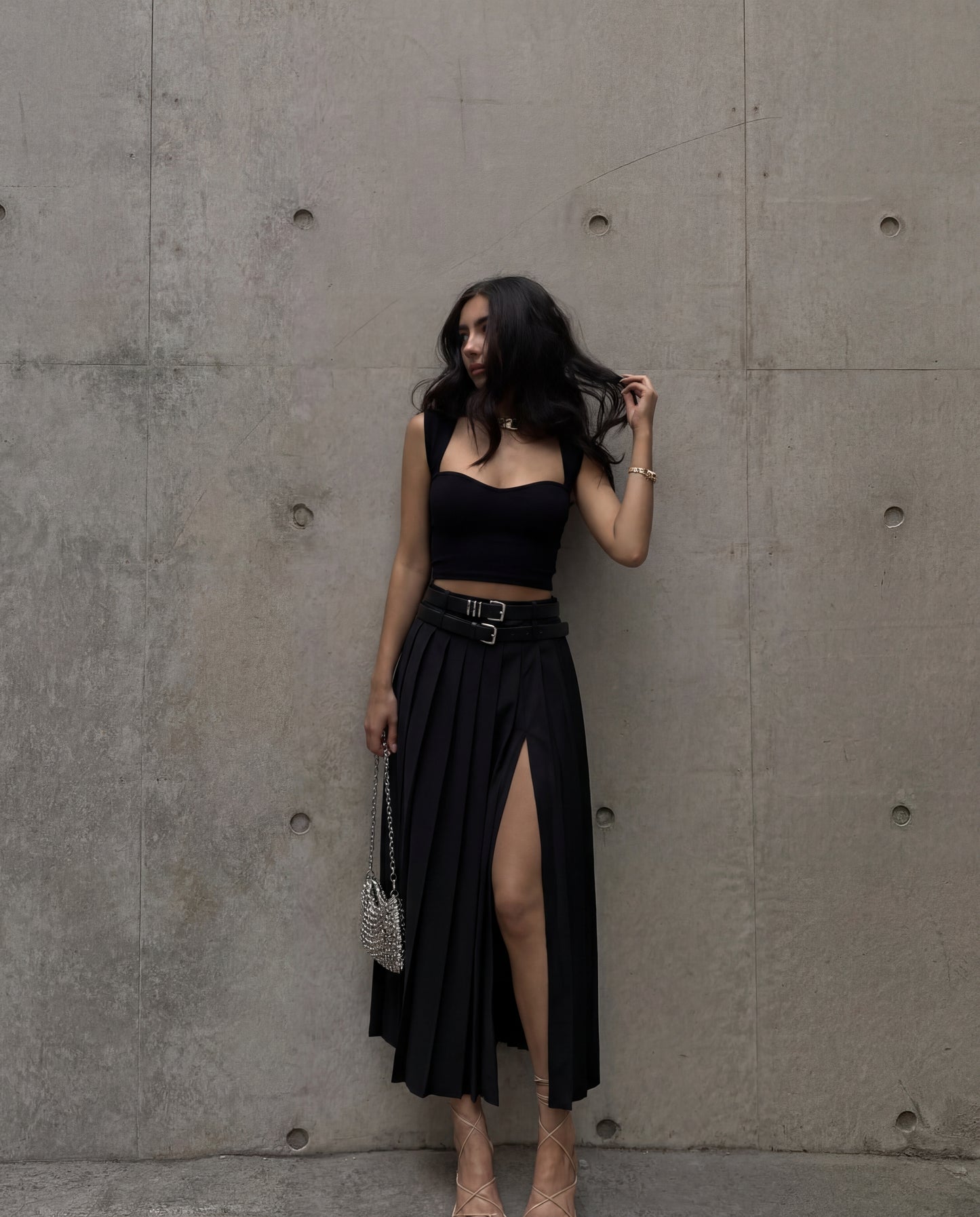 Double Belted Pleated Skirt with Sweet Heart Neck Top Set