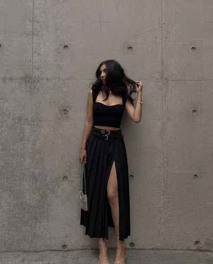 Double Belted Pleated Skirt with Sweet Heart Neck Top Set