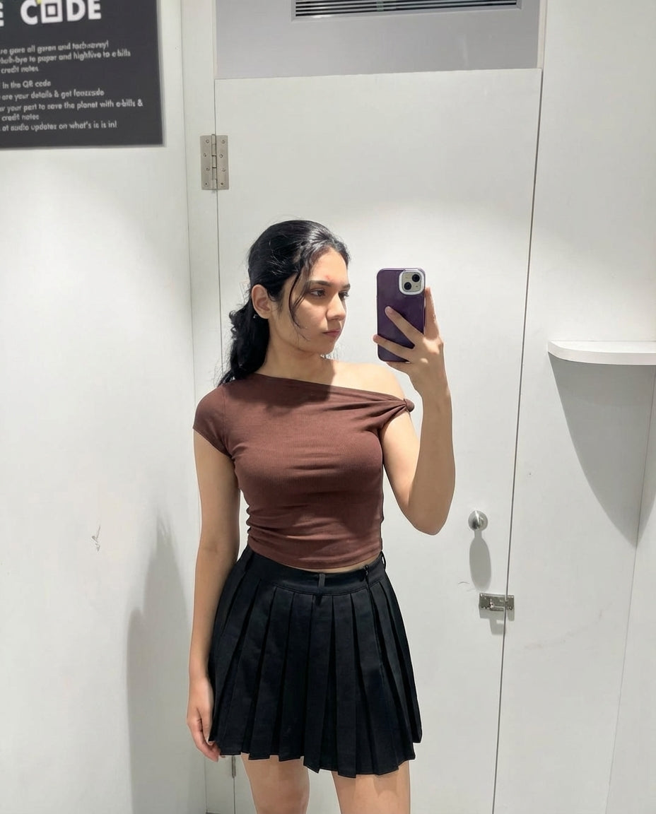 One Shoulder Ribbed Top And Pleated Skirt