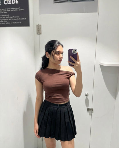 One Shoulder Ribbed Top And Pleated Skirt