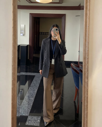 Pinstripes Double Breasted Blazer With Belt